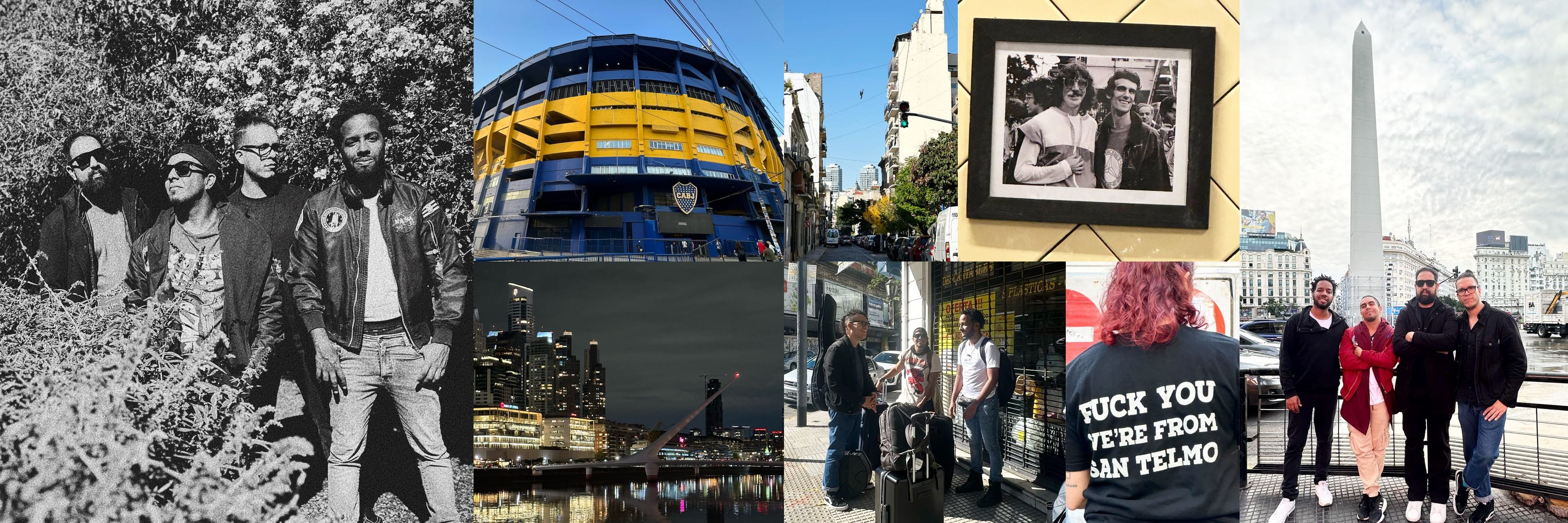 Collage del viaje de Rex Marte por Buenos Aires: la banda en blanco y negro, La Bombonera, Puerto Madero de noche, las calles de San Telmo y el Obelisco