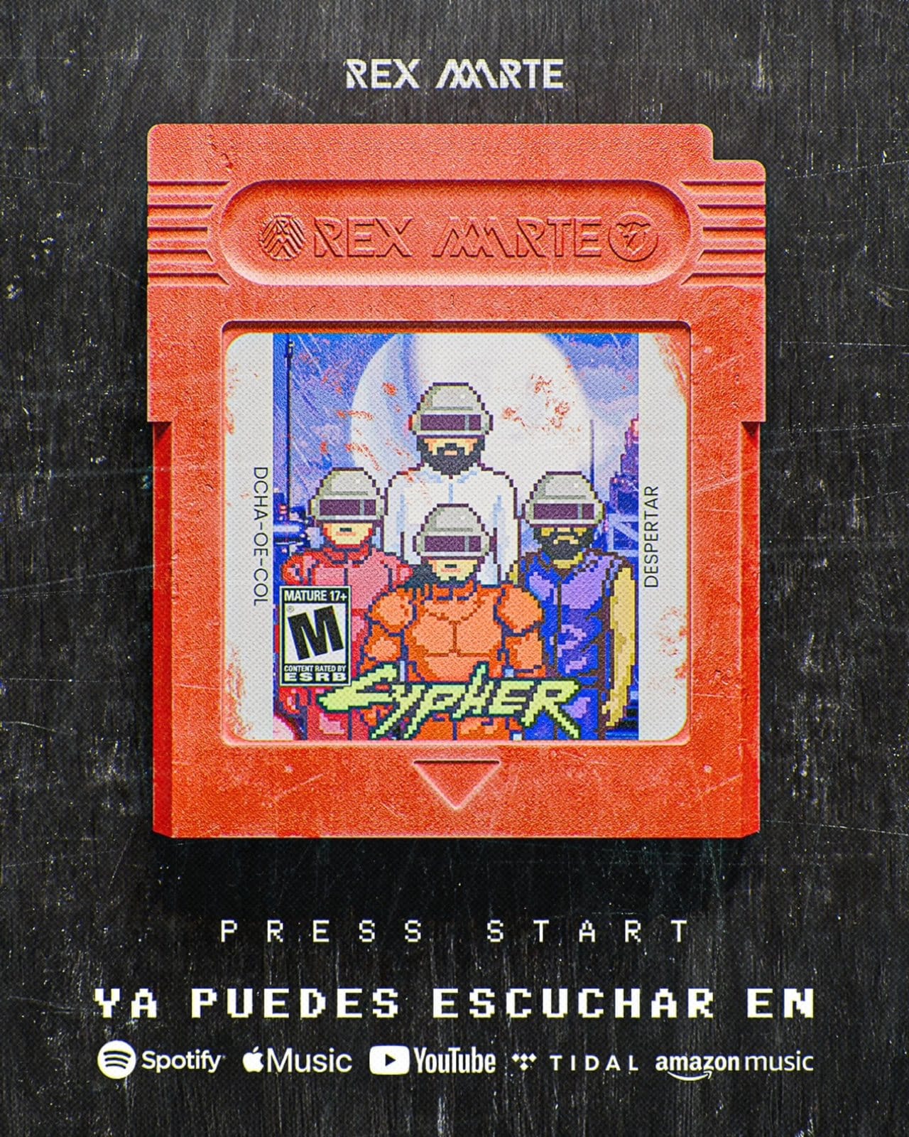 Portada de Cypher: un cartucho de videojuego rojo con la banda en pixel art