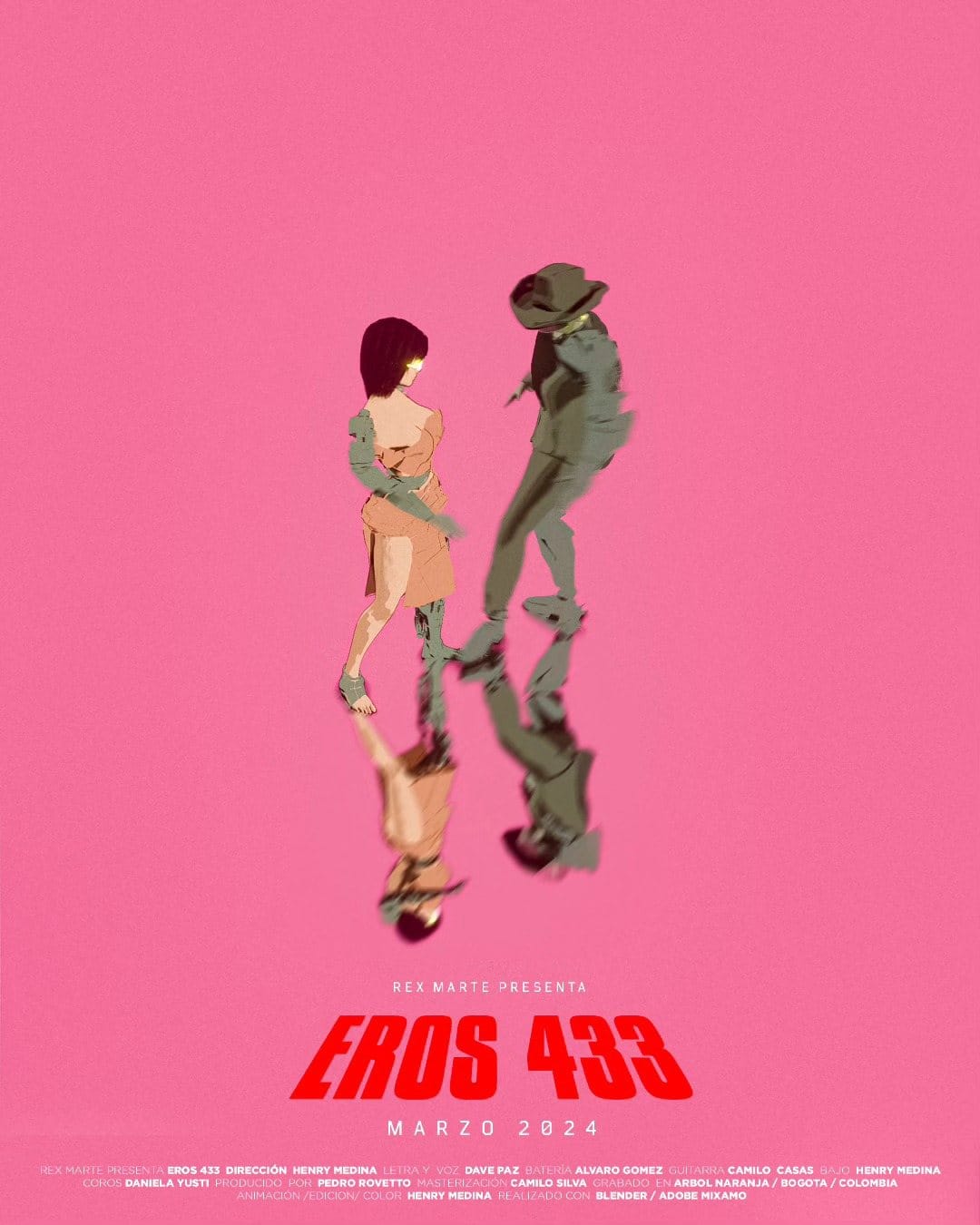 Afiche de Eros 433: dos personajes animados abrazados sobre fondo rosado