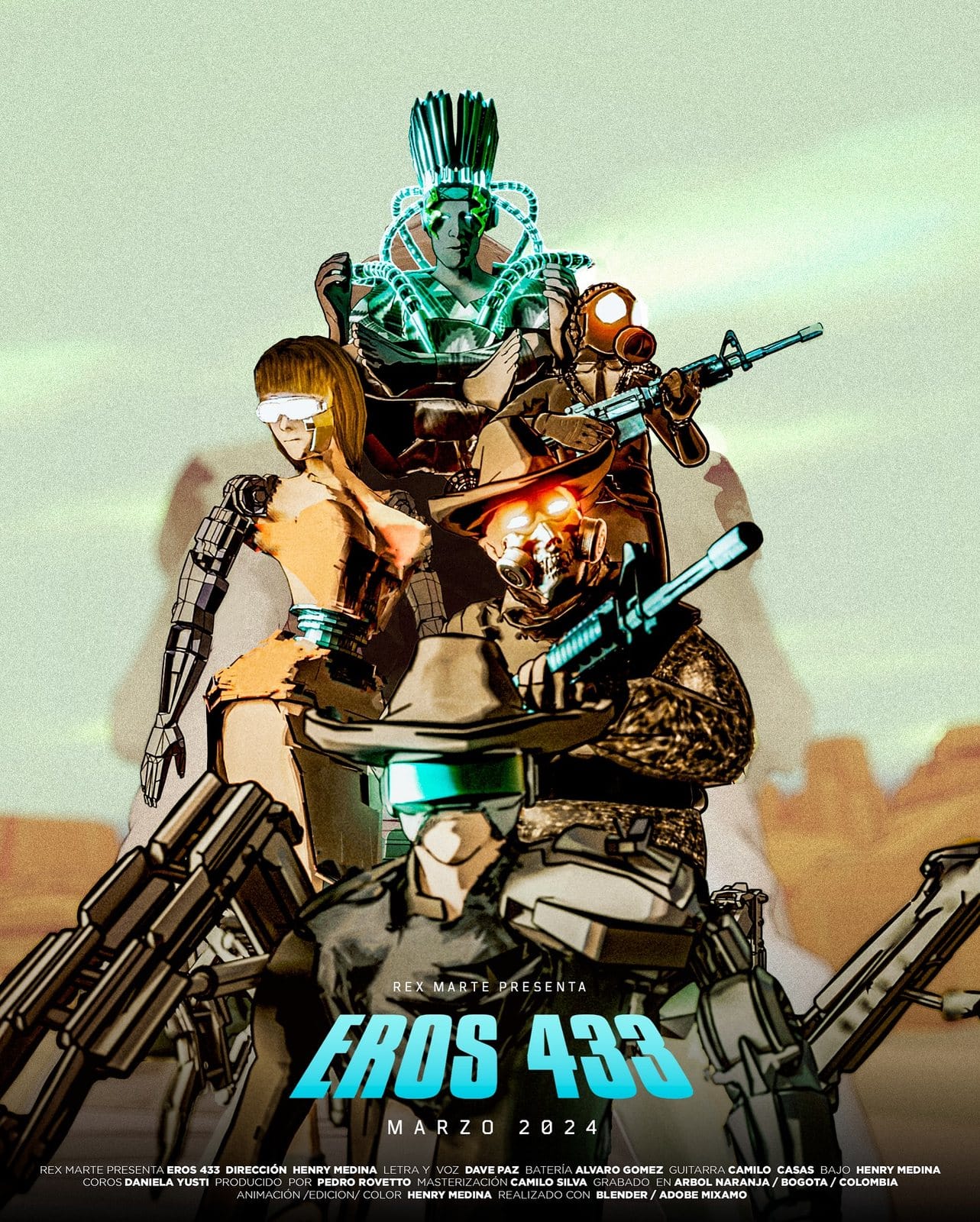 Afiche de Eros 433, marzo 2024: un robot y una mujer en un desierto animado