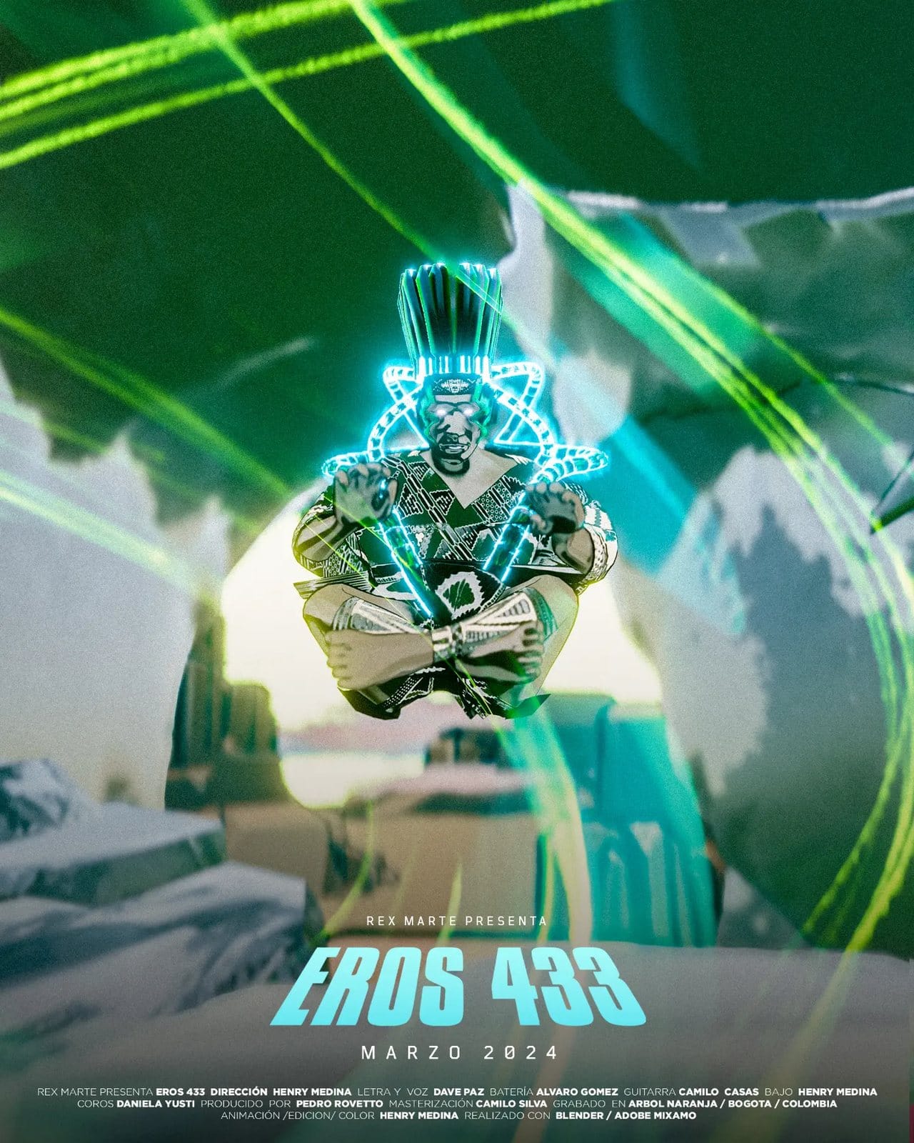 Afiche de Eros 433 con un personaje de luz neón flotando en el desierto