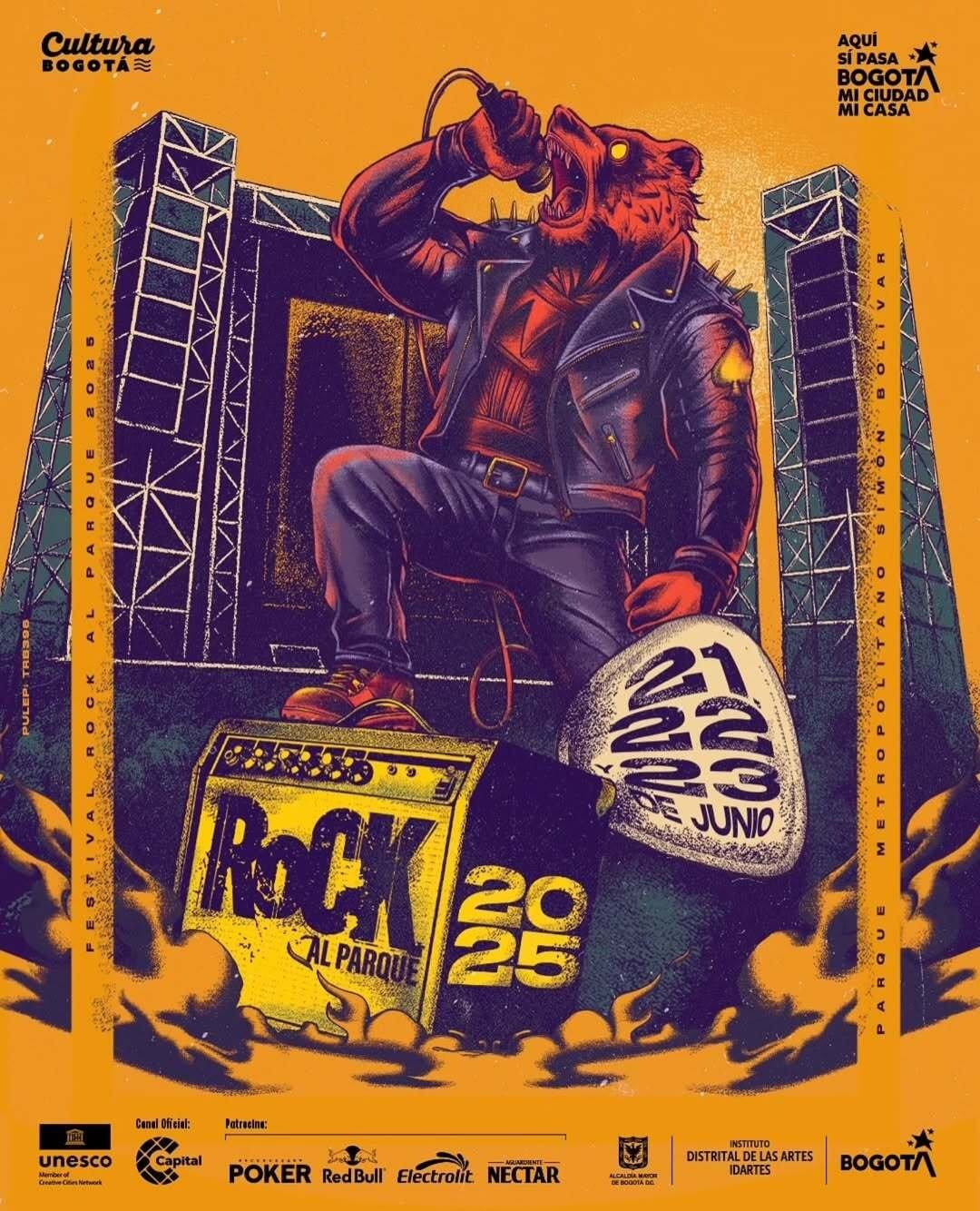 Cartel oficial de Rock al Parque 2025: 21, 22 y 23 de junio en el Parque Metropolitano Simón Bolívar