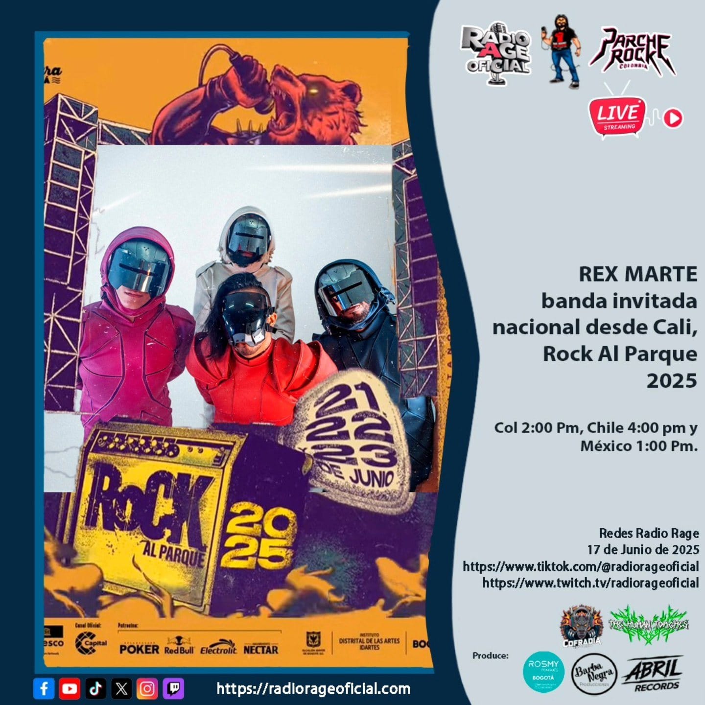 Afiche de la entrevista de Radio Rage con Rex Marte, banda invitada nacional desde Cali a Rock al Parque 2025